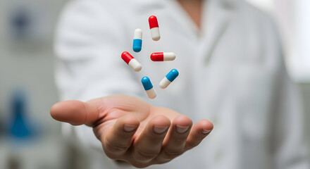 Pharmaceutical Innovation A Medical Professional Presents Medicine Capsule Options in a Dynamic Health Care Scenario Emphasizing Precision and Patient Care Success