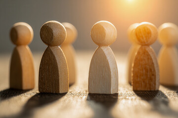 Wooden figurines arranged in a group with warm sunlight casting long shadows symbolizing teamwork connection and community in a serene setting