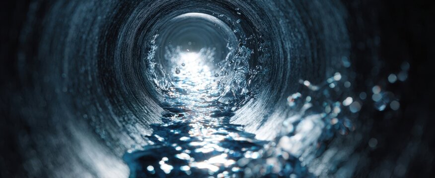The Pipe with Flowing Water Leading to a Bright Circular Light at the End - Powered by Adobe