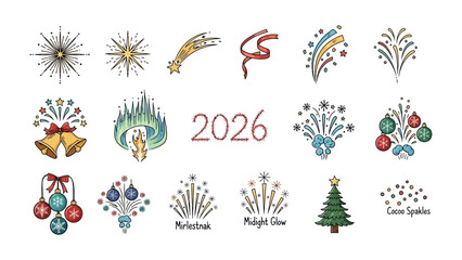 2026 Festive Collection: A collection of various festive icons for the new year. Capturing the spirit of celebration, these designs evoke joy and anticipation for upcoming celebrations.
