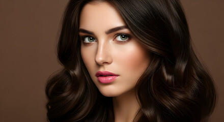 Fototapeta premium Radiant Beauty A Stunning Portrait of a Brunette Woman with Glowing Skin and Luxurious Wavy Hair Showcasing Youthful Vitality and Timeless Elegance Ideal for Beauty Campaigns