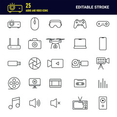 Audio Video line icon collection set. Music, Projector, File, Camera, Movie and more. Simple vector icons. Vector illustration