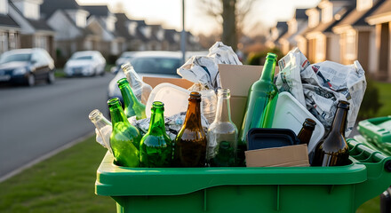 Sustainable Practices Reduce Reuse Recycle Promoting EcoConsciousness Green Bin with Glass Bottles Cardboard and Newspaper Responsible Waste Management Protect Earth Environment