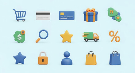 Colorful 3D illustration of various shopping icons including cart, credit card, gift box, and more, representing online shopping and e-commerce concepts with vibrant design elements