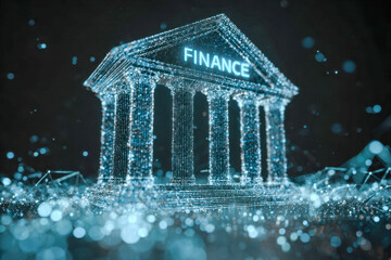 Futuristic digital illustration of a glowing financial institution with interconnected data points symbolizing modern finance and technological innovation advancements