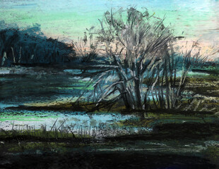 Night landscape. Oil pastel drawing.
