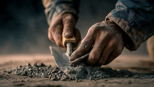 Professional construction worker smoothing concrete with trowel for a durable foundation, showcasing craftsmanship and hard work on a construction site
