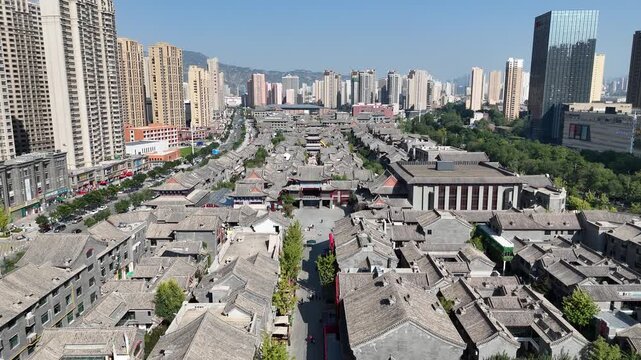 Lanzhou Old Town Street and Modern Skyline Aerial View