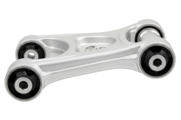 Silver aluminum car suspension control arm with rubber bushings isolated on a transparent background