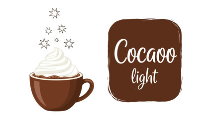 Warm Cocoa Treat: A delightful illustration showcases a steaming cup of rich cocoa, crowned with a swirl of whipped cream. beside the cup is a label.