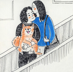 A young couple with a dog on an escalator in the subway. A sketch in a sketchbook.