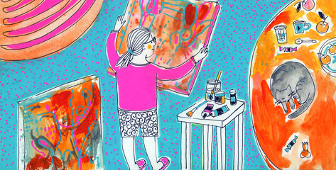 A female artist with large paintings. Sketchbook sketch.