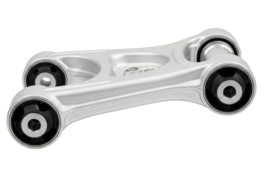 Silver aluminum car suspension control arm with rubber bushings isolated on a transparent background