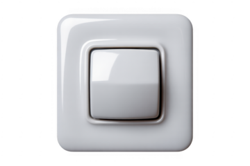 White plastic light switch with a square button and rounded edges isolated on a transparent background