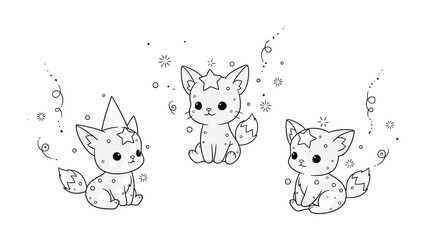 Whimsical Kitty Trio: A delightful collection of adorable kitten illustrations, each adorned with enchanting stars and a touch of magical flair, offering a sense of playfulness and joy.
