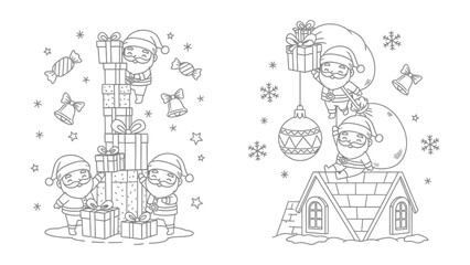 Christmas Preparations: Adorable Santa Claus characters busily prepare for Christmas, arranging gifts, decorating and loading presents in a charming, festive scene. 