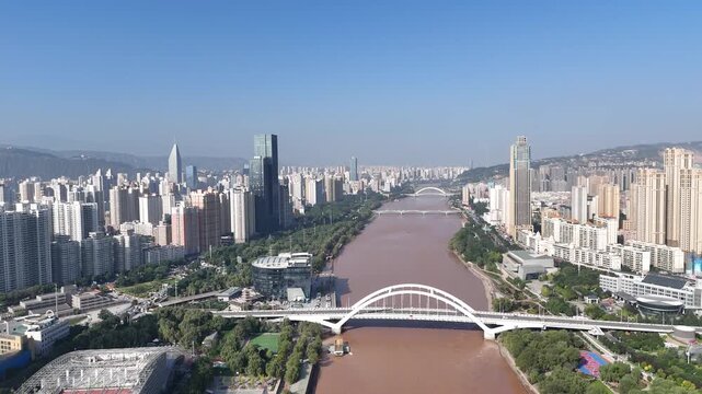 Lanzhou Yellow River Aerial View, Gansu Province China