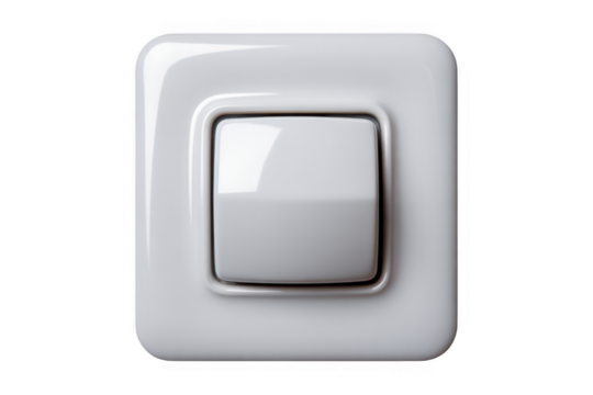 White plastic light switch with a square button and rounded edges isolated on a transparent background