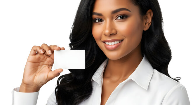 Elegant Businesswoman Promoting Services Presenting a Blank Card Ready for Your Message Confident Professionalism in a Studio Shot with an Attractive Black Model - Powered by Adobe