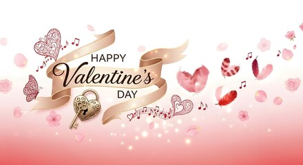 Elegant valentine s day design with hearts butterflies and ribbon on pink background