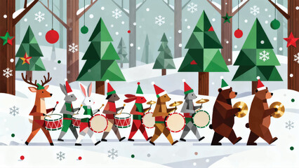 Illustration Of A Group Of Animals In The Forest Playing A Drum Band Vector Design Template