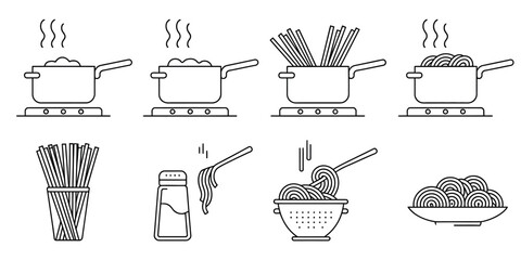 Illustration showing the steps of cooking pasta in a pot on a stove top burner