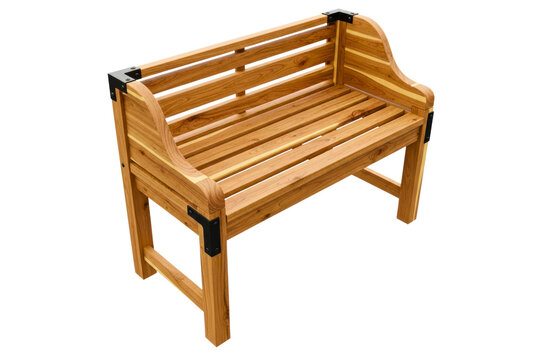 Wooden garden park bench with backrest and black metal brackets isolated on a transparent background
