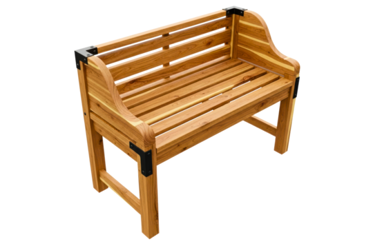 Wooden garden park bench with backrest and black metal brackets isolated on a transparent background - Powered by Adobe