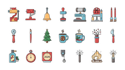 Holiday Collection: A cheerful assortment of holiday-themed icons including festive decorations, symbols, and treats, perfect for designs and celebrations.
