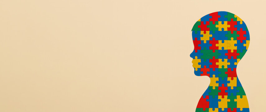 Autism awareness day puzzle silhouette concept on beige background - Powered by Adobe