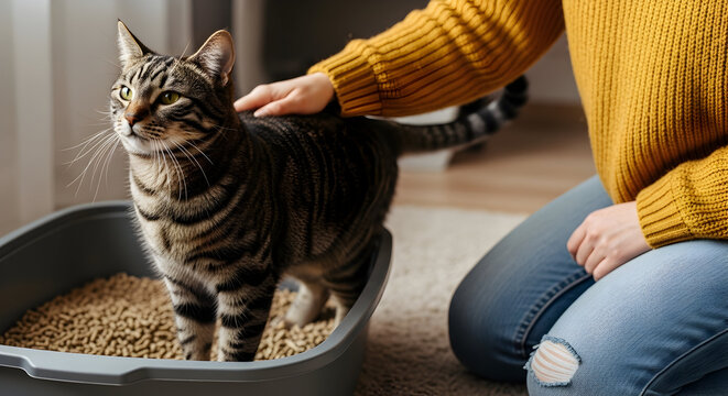 Caring Pet Owner Comforts Tabby Cat in Litter Box Home Comfort Safety Hygiene Responsible Ownership Indoor Wellbeing Love and Friendship Companion Animal Happiness