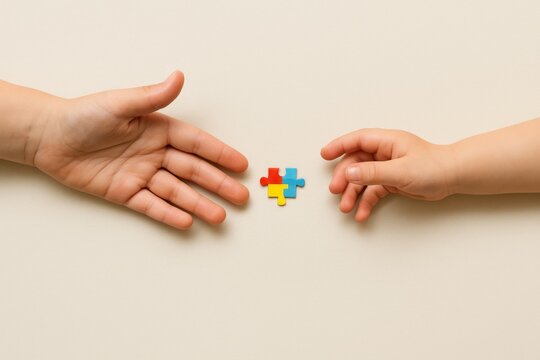 Autism Awareness Day puzzle concept with two hands holding colorful puzzle piece