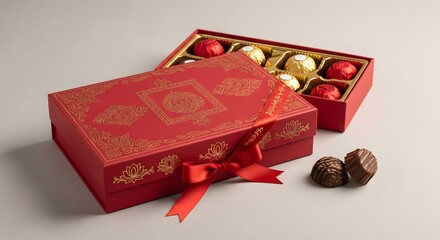 Luxurious red and gold chocolate gift box with bow for special occasion