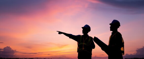 Fototapeta premium The Construction Workers Surveying a Building Site at Colorful Sunset with Blueprints