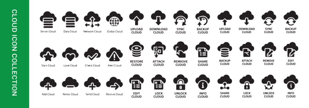 Cloud icon collection open close boost recycle power time alarm share unlock download backup