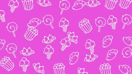 Ecommerce pattern with white outline sweets on pink provides a playful design for online store backgrounds, suitable for websites.