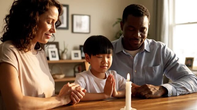 Diverse family praying together at home with a glowing candle, hands clasped.