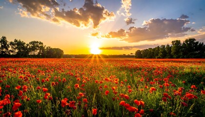 Obraz premium Vibrant poppy field meets a golden sunset under fluffy clouds, creating a picturesque tranquil scenery