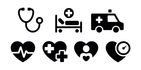 Illustration of medical icons including stethoscope bed ambulance and heart shapes