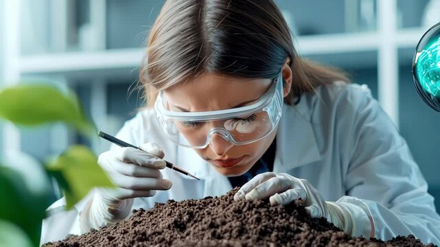 Soil science lab research scientist with goggles and glove conducts soil analysis test using microscope ecology, environment, sustainability