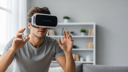Young caucasian male exploring virtual reality with headset in modern living room