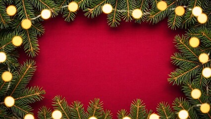 Festive christmas frame with fir branches and string lights on red background