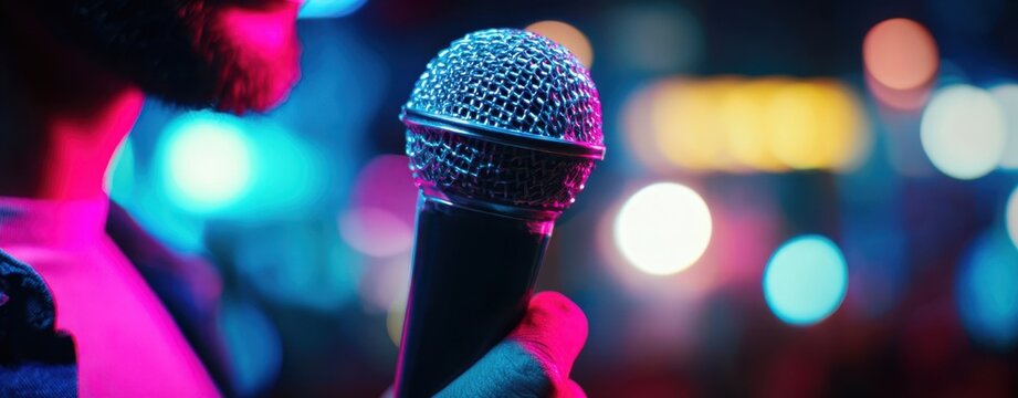 The Microphone in Hand at a Colorful Live Music Club Performance with Bokeh Lights - Powered by Adobe