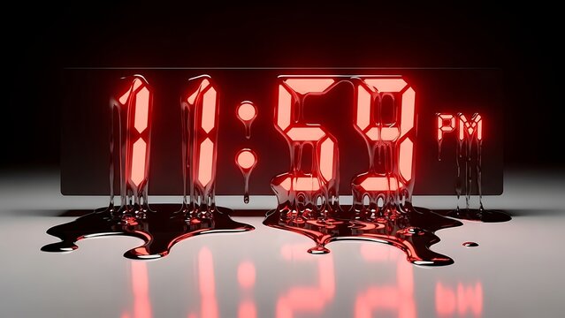 Digital clock numbers melting on a dark surface with a red glow, symbolizing urgency and late night