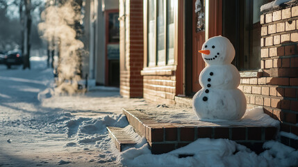 Snowman standing on porch steps in snowy winter scenery