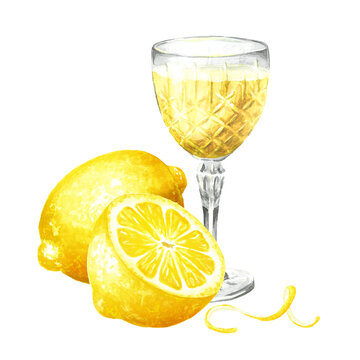 Liqueur or tincture of limoncello in a crystal glass with fresh lemon.  Hand painted watercolor illustration  isolated on white background