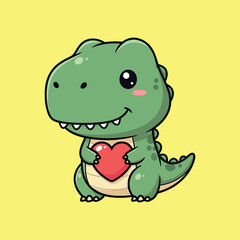 Fototapeta premium Cute green T-Rex dinosaur character holding a red love heart, adorable kawaii cartoon vector illustration