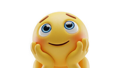 Emoji with hopeful look, hands on cheeks isolated on transparent background