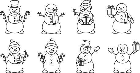 Black and White Snowman Set Holiday Christmas Icons Collection Simple Outline Line Art Drawing Isolated Vector Illustration, Winter Season Celebration.