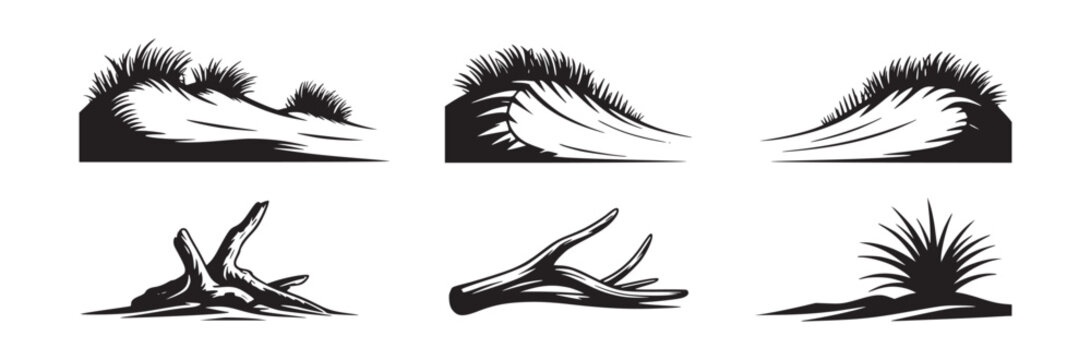 Black and white vector illustrations of grassy dunes and weathered tree roots in a simple style